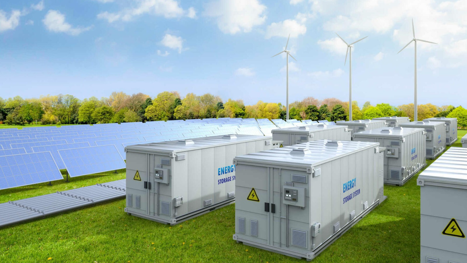 Batteriespeicher-Container mit Windrädern